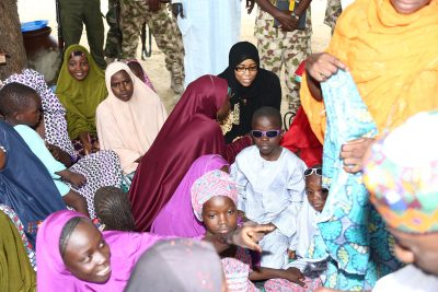  Wife of National Security Adviser, Nafisah Babagana-Monguno (in black) talks with some of the rescued under-age Boko Haram child brides at a safe house in Maiduguri, Borno State.