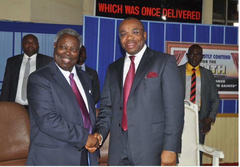 General Superintendent, Deeper Christian Life Ministry, Pastor William Kumuyi (left) exchanging greetings with the Akwa Ibom State Governor, Udom Emmanuel during the worship of the Governor at the International Bible Training Centre (IBTC), Ayobo in Lagos on Sunday.