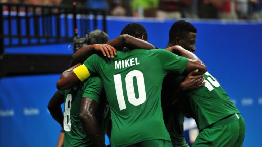 Nigeria's team celebrates one of their goals