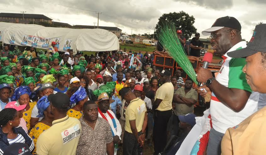 Mr. Godwin Obaseki, gubernatorial candidate of the All Progressives Congress (APC) at a rally of the party in Ehi, Uhumwode Local Government Area on Monday.