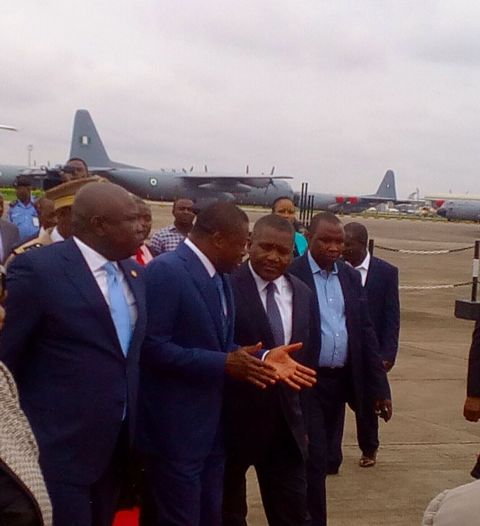L-R: Governor Akinwunmi Ambode; Togo’s President, Faure Gnassingbe and Aliko Dangote when the Togo’s president arrives the Murtala Muhammed Airport on a visit to Dangote Refinery this morning.