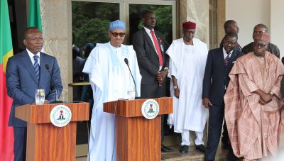 R-L: PRESS BRIEFING: President Muhammadu Buhari and President Patrice Talon during  a press briefing at the State House