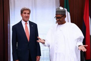 President Muhammadu Buhari (right) welcoming US Secretary of State John Kerry to Aso Rock