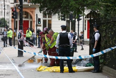 The crime scene is cleaned in London's Russell Square following a knife attack in which one woman was killed and five others injured on August 4, 2016