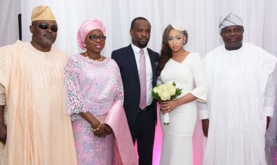 L-R: Speaker Lagos State House of Assembly, Mubashiru Obasa, wife of Governor Akinwunmi Ambode, the couple and Governor Akinwunmi Ambode