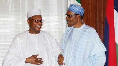 R-L;  President Muhammadu Buhari, in a chat with UN envoy, Dr. Ibn Chambas during an audience at the State House in Abuja.
