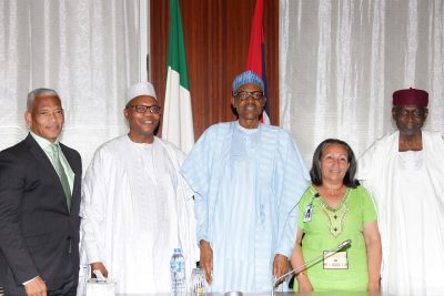 R-L; Chief of Staff to the President, Mallam Abba Kyari, President Muhammadu Buhari, UNICEF Representative to Nigeria and ECOWAS, MS Jean Gough, UN envoy, Dr. Ibn Chambas, Senior Legal Officer, Mr Don Eden Webster of UNOWA during an audience with the President at the State House in Abuja.