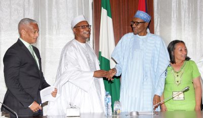 R-L;  UNICEF Representative to Nigeria and ECOWAS, MS Jean Gough, President Muhammadu Buhari, UN envoy to West Africa, Dr. Ibn Chambas and United Nations Office for West Africa (UNOWA), Senior Legal Officer, Mr Don Eden Webster during an audience with the President at the State House in Abuja.