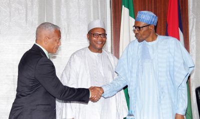 R-L; President Muhammadu Buhari, UN envoy, Dr. Ibn Chambas and United Nation Office for West Africa (UNOWA), Senior Legal Officer, Mr Don Eden Webster during an audience with the President at the State House in Abuja.