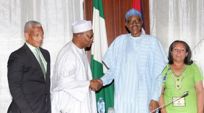 R-L;  UNICEF Representative to Nigeria and ECOWAS, MS Jean Gough, President Muhammadu Buhari, UN envoy, Dr. Ibn Chambas and United Nations Office for West Africa (UNOWA), Senior Legal Officer, Mr Don Eden Webster during an audience with the President at the State House in Abuja.