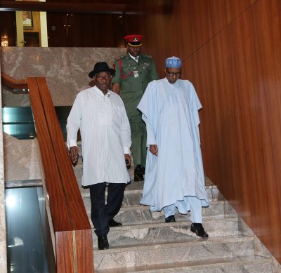 President Muhammadu Buhari and his predecessor, Dr. Goodluck Jonathan walking down the stairs of the State House