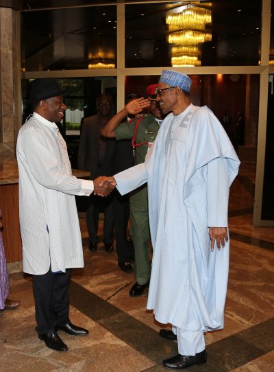 President Buhari bids Jonathan farewell after the meeting