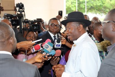 Former President Goodluck Ebele Jonathan briefs State House Correspondents after his meeting with President Muhammadu Buhari