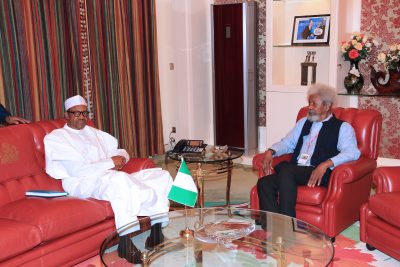 President Muhammadu Buhari and Prof Wole Soyinka during a meeting at the State House in Abuja.