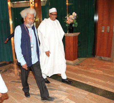 President Muhammadu Buhari and Prof. Wole Soyinka after the meeting
