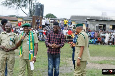 Chief Joseph Yobo (middle) and some prison officials at the Ikoyi Prison during the launch of the Joseph Yobo Foundation Football Academy