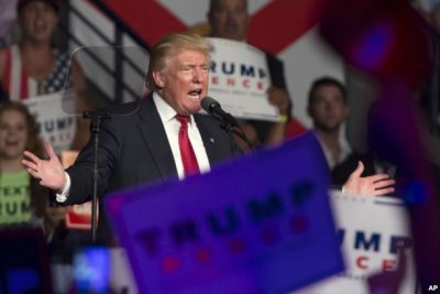 Republican presidential candidate Donald Trump speaks during a campaign rally at Germain Arena in Ft. Myers, Florida, Sept. 19, 2016.