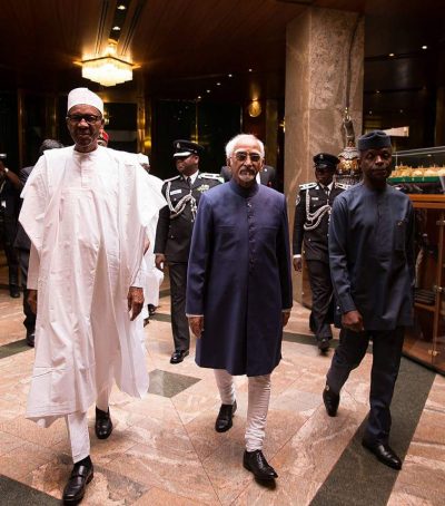 President Muhammadu Buhari and the Indian Vice President and Vice President Yemi Osinbajo at the State House Abuja