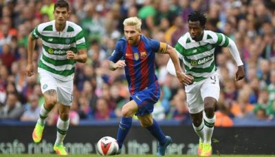 Lionel Messi of Barcelona in one of his daring moves during the match