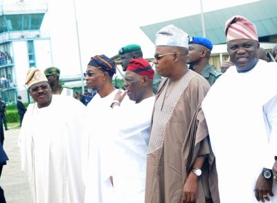 Lagos State Governor, Mr. Akinwunmi Ambode; his Borno State counterpart, Governor Ibrahim Shettima; former Interim National Chairman, All Progressives Congress (APC), Chief Bisi Akande; Osun State Governor, Ogbeni Rauf Aregbesola and his Oyo State counterpart, Governor Abiola Ajimobi during the Arrival of the President Muhammadu Buhari at the Ibadan Airport enroute Osogbo, Osun State, on Thursday, September 1, 2016. 