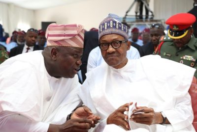 Lagos State Governor, Mr. Akinwunmi Ambode (left), discussing with President Muhammadu Buhari during the Commissioning of Government High School, Osogbo, in commemoration of Osun State 25th Anniversary, Osogbo, on Thursday, September 1, 2016.    