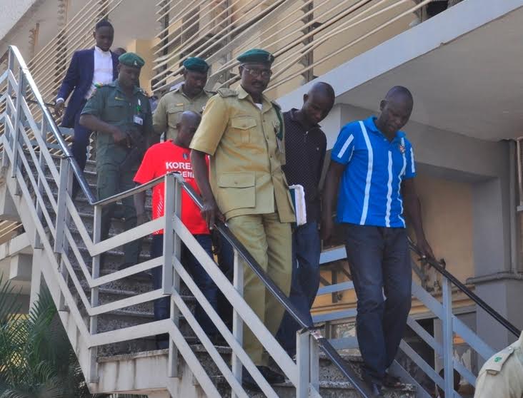The arraigned suspected kidnappers of Oniba of Iba at the Lagos High Court, Igbosere - Duba Furejo; Ododomo Isaiah; Reuben Anthony and Yerin Fresh, on Monday. 