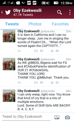 Tweets by Oby Ezekwesili on learning about the release of 21 Chibok schoolgirls