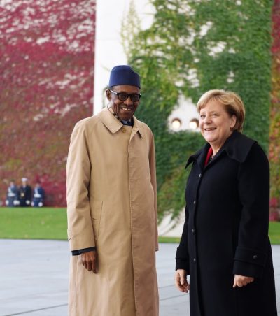 German Chancellor Angela Merkel, right, welcomes the President of Nigeria Muhammadu Buhari, left, for talks at the chancellery in Berlin, Friday, Oct. 14, 2016.. 