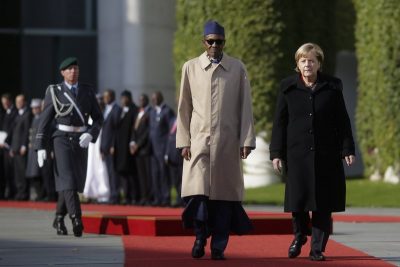 German Chancellor Angela Merkel, right, welcomes the President of Nigeria Muhammadu Buhari, left, for talks at the chancellery in Berlin, Friday, Oct. 14, 2016.