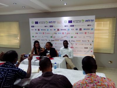 The Festival Director, Ms Lola Shoneyin has Byenyan Jessica Bitrus, Media and Communications Manager to her left, while Tosin Adeyemi, the Festival's Finance Manager is on her right.