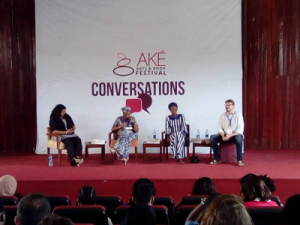 From left: Chitra Nagarajan, Kadaria Ahmed, Fati Abubakar and Andrew Walker during their discussion about women in a post Boko-Haram reality. Photograph: Adefoyeke Ajao
