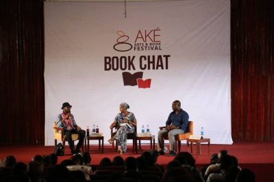 Teju Cole (left), Kadaria Ahmed (centre) and Helon Habila (right) during a book chat. Photograph: Adedeji Hamed/Elixir