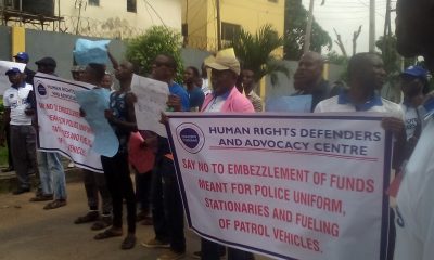 The Human Rights Defenders and Advocacy Centre protesting in front of the Office of the Commissioner of Police, Lagos State, Mr Fatai Owoseni in Ikeja, Lagos