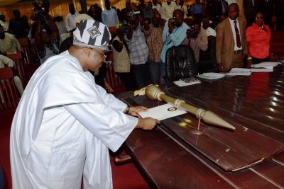 Governor Abiola Ajimobi laying 2017 budget on the table in the state assembly