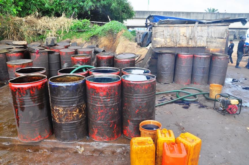 Site of an illegal Oil Depot being uncovered by the Lagos Police Command in Oregun, Onigbongbo LCDA, on Thursday.