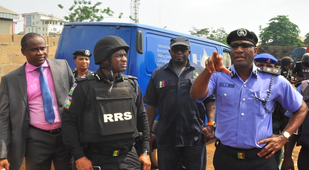 R-L: Lagos State Police Commissioner, Mr. Fatai Owoseni; Permanent Secretary, Lands Bureau, Lagos State Governor’s Office, Mr. Bode Agoro; Commander, Rapid Response Squad (RRS), ACP Tunji Disu and Chief Security Officer to the Lagos State Governor, CSP Saheed Kassim during the arrest of Operators of an illegal Oil Depot in Oregun, Onigbongbo LCDA, on Thursday.