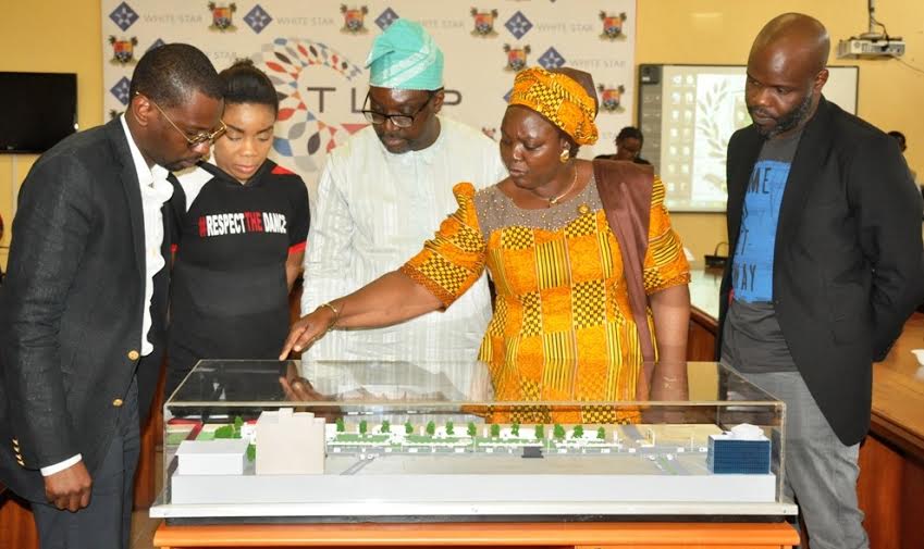 : L-R: Co-founder of White Star, Mr. Akin Akinyelure; Kafayat Shafau-Ameh, Commissioner for Information & Strategy, Mr. Steve Ayorinde; Special Adviser on Arts & Culture, Mrs. Adebimpe Akinsola and Co-founder, White Star, Mr. Adebisi Ladejobi, with an architectural design to project the routes and location of the forthcoming Lagos Street Party at Alausa, Ikeja recently.