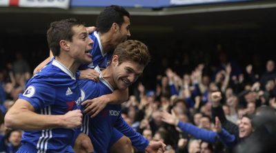 Chelsea’s Marcos Alonso celebrates scoring their first goal with team mates