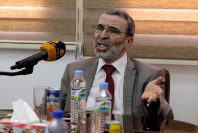 Mustafa Sanalla, the head of the National Oil Corporation (NOC), gestures during a meeting with members of the east’s House of Representatives and officials from NOC at Arabian Gulf Oil Company, in Benghazi