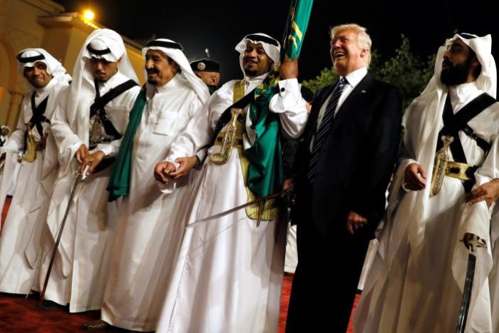 Trump dances with a sword as he arrives to a welcome ceremony by Saudi Arabia’s King Salman at Al Murabba Palace in Riyadh