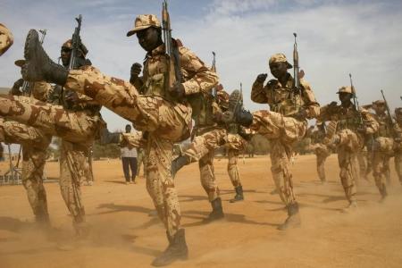 Chadian soldiers march during Flintlock 2014 in Diffa