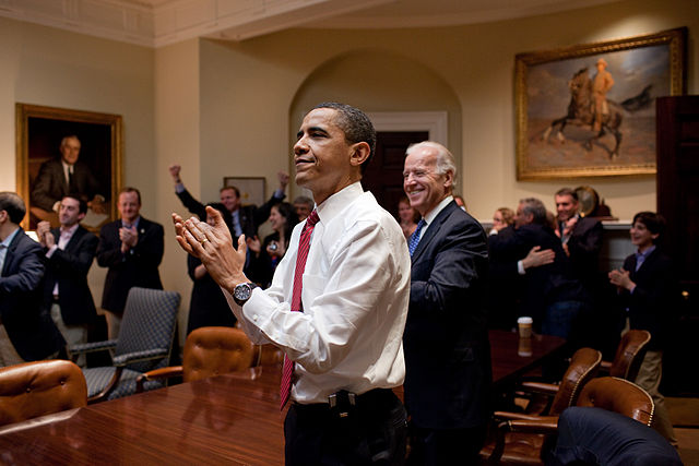 Barack Obama and White House Staff react to the House of Representatives passing the 'Obamacare' bill on March 21, 2010.