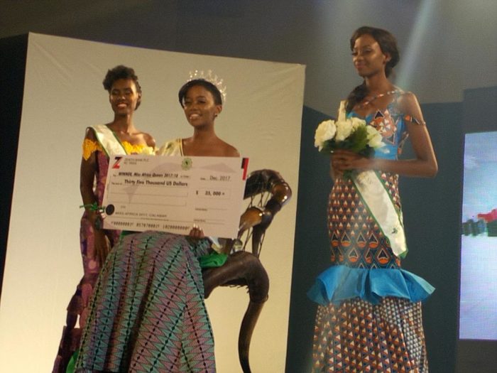 Winner of 2017 Miss Africa beauty pageant, Gaseangwe Balopi from Botswana, middle, first runner-up, miss Fiona Naringwa of Rwanda left and the second runner-up, miss Luyolo Mngonyama of South Africa