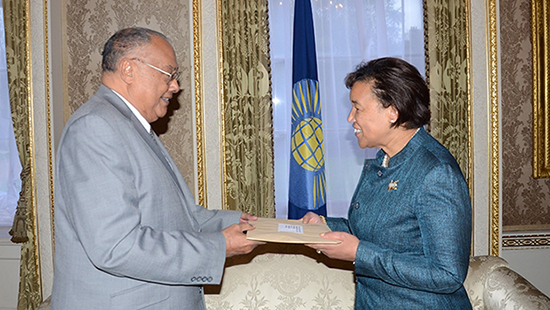 The Gambian Ambassador Francis Blain presents Secretary-General Patricia Scotland with his country’s formal application to rejoin the Commonwealth.