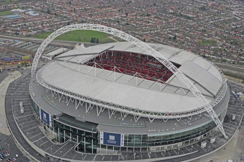 FILE PHOTO: Aerial view of Wembley Stadium is seen on its opening day in London