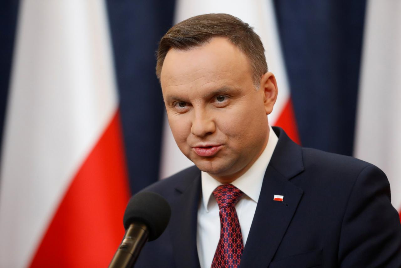 Poland’s President Andrzej Duda speaks during a news conference at the Presidential Palace in Warsaw