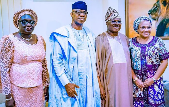 From left, Ogun State Deputy Governor-elect, Mrs Noimot Salako-Oyedele Governor-elect, Prince Dapo Abiodun paid a visit to Governor Abiola Ajimobi, his wife, Florence in their Oluyole residence