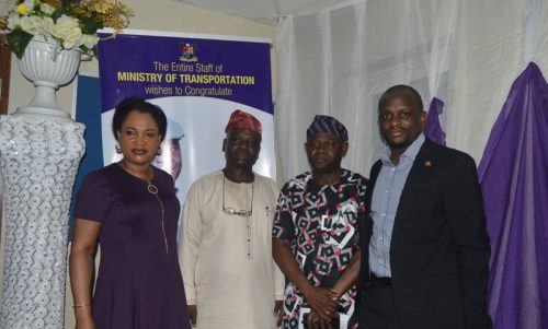 L-R – Director, Admin & HR, Ministry of Transportation (MOT), Mrs. Kemi Adeoye, Retiree Alhaji Tunji Bakare, Permanent Secretary, MOT, Dr. Taiwo Salaam and Managing Director, LASWA, Mr. Damilola Emmanuel