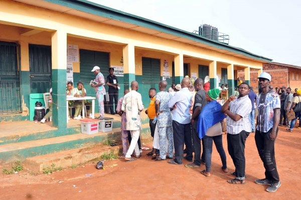 Lower 9 Voters queue early at a polling unit on Ogunnusi street, Ifo LG