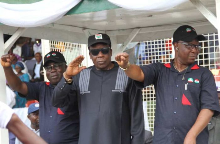 From left, NLC Oyo State Chairman, Comrade Titilola Sodo, state Deputy Governor, Chief Moses Adeyemo and state Chairman, TUC, Comrade Emmanuel Ogundiran during the May Day Rally